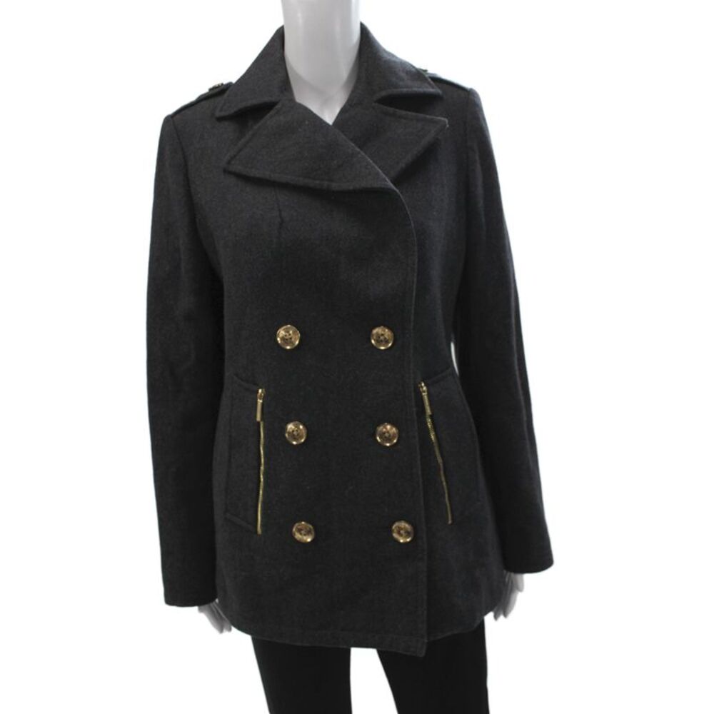 Michael Michael Kors Womens Black Wool Blend Pea Coat Collared Size 6